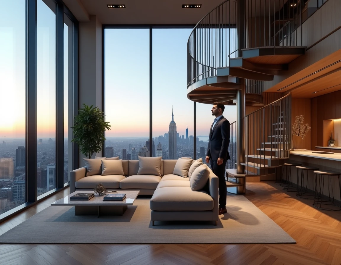 Intérieur d'un penthouse de luxe avec double hauteur sous plafond, parquet en chêne et vue sur la skyline urbaine