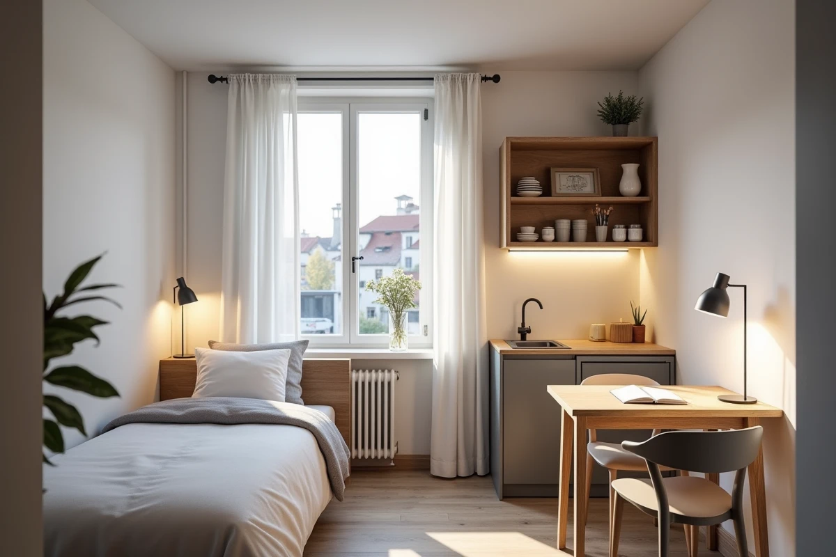 Intérieur d'un studio meublé moderne et fonctionnel proposé par Locama à La Roche-sur-Yon