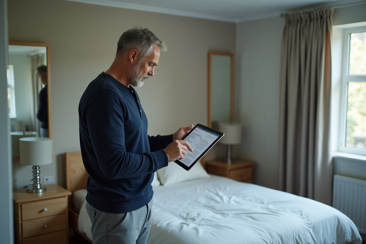 Propriétaire masculin vérifiant l'équipement d'une chambre meublée avec une liste PDF sur tablette