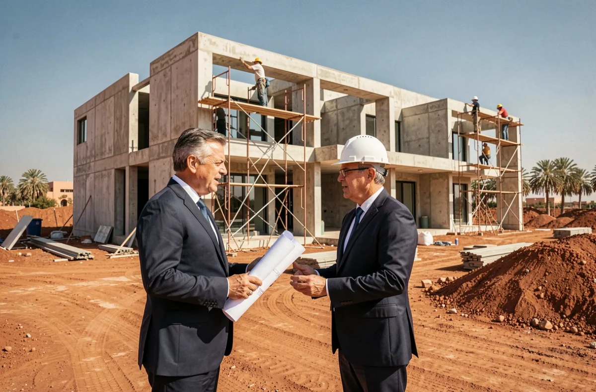Investisseur et chef de chantier examinant les plans d'un immeuble résidentiel en construction à Marrakech
