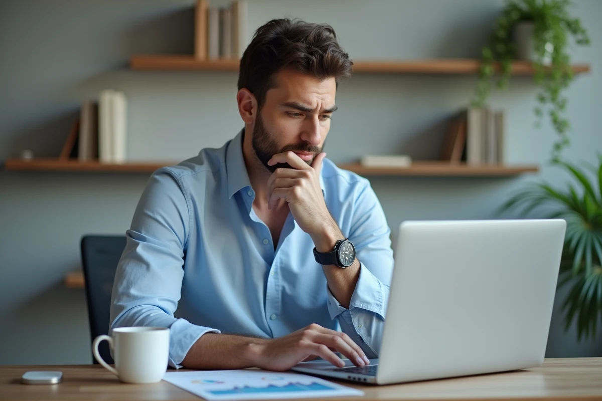 Investisseur analysant la rentabilité d'un appartement Pierre et Vacances dans un bureau à domicile