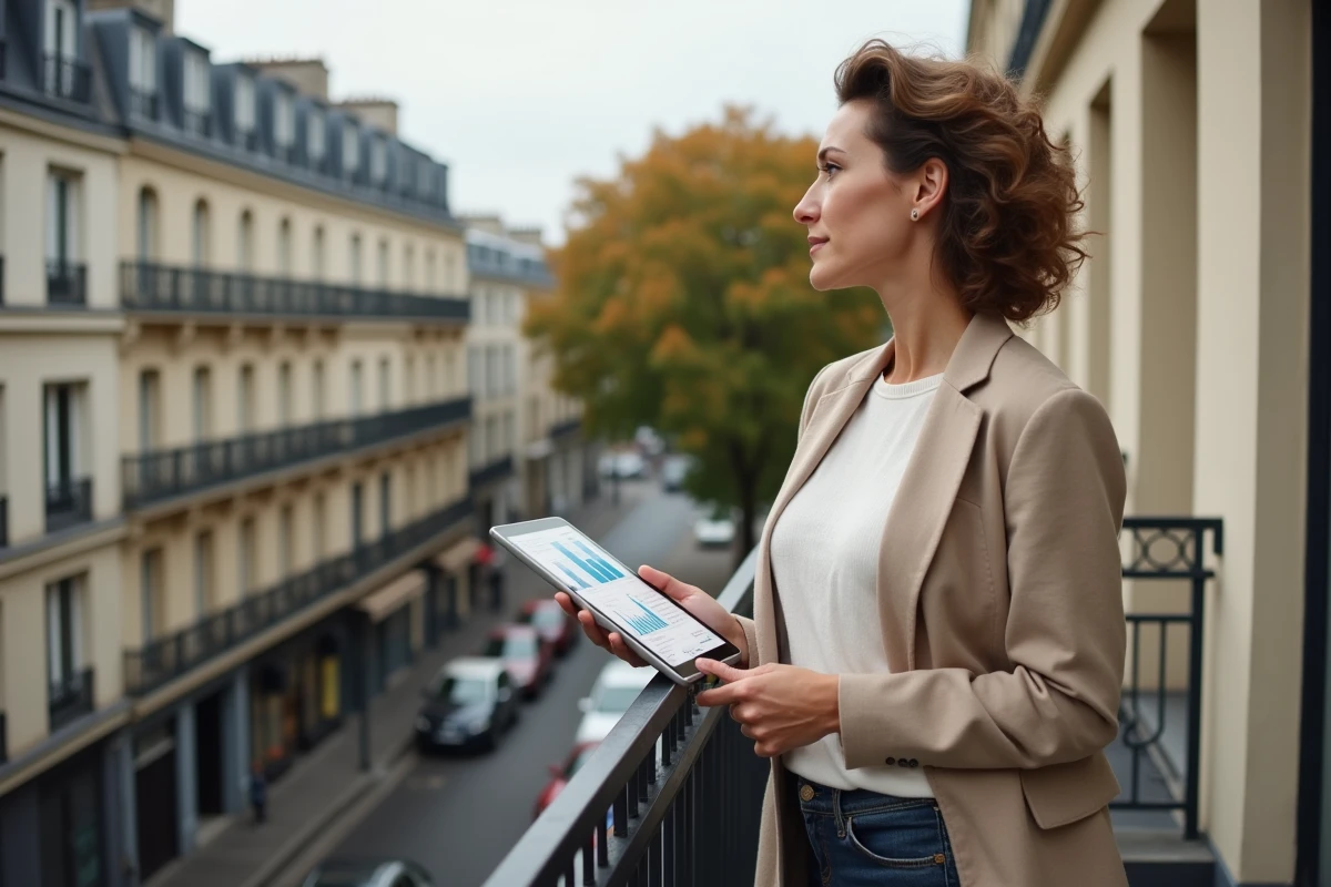 Investisseuse immobilière analysant la rentabilité locative depuis le balcon d'un immeuble rénové en ville