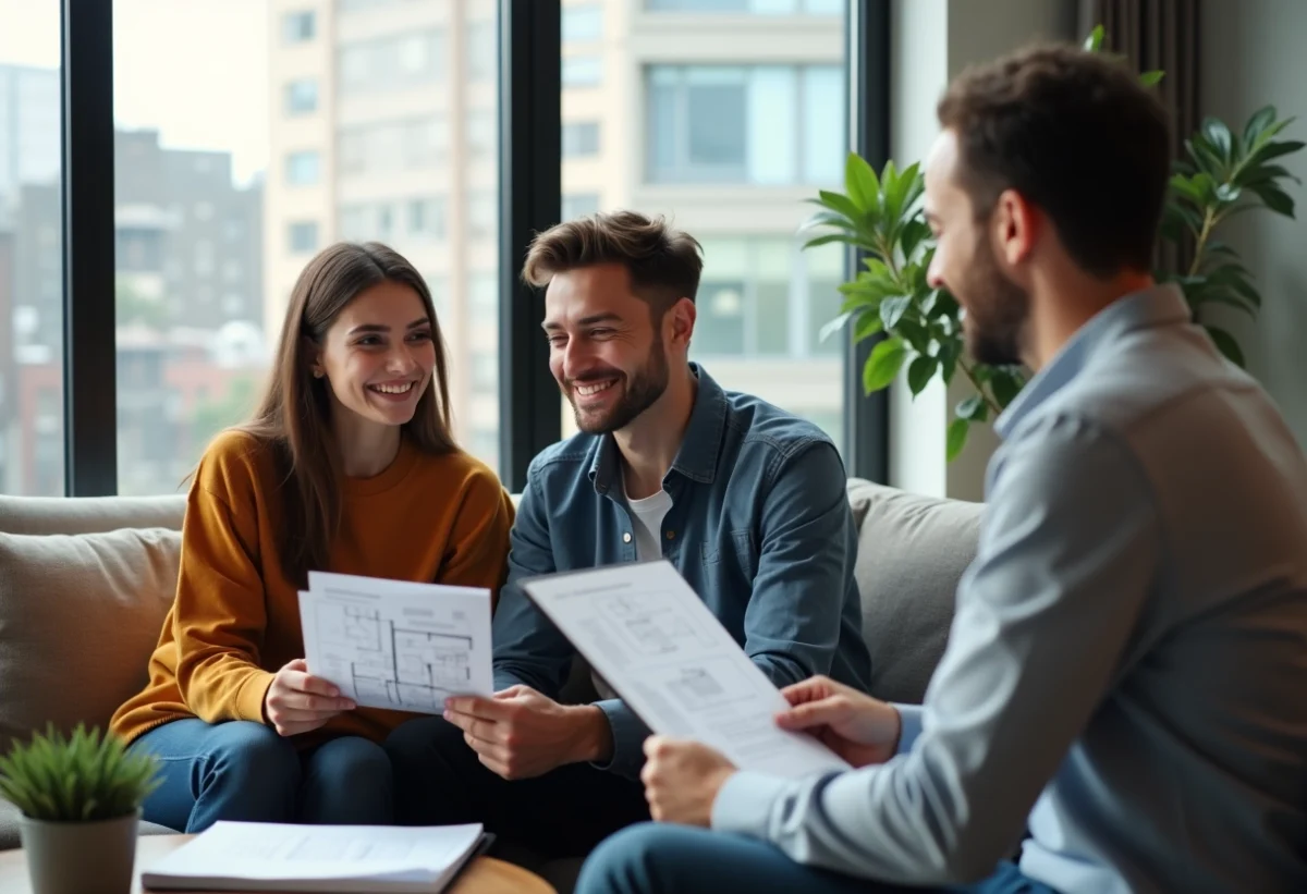 Jeune couple souriant avec agent immobilier dans un appartement