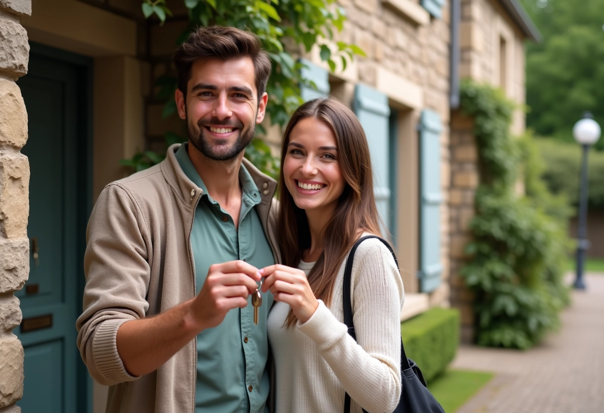 Jeune couple devant une maison en pierre dans un village français