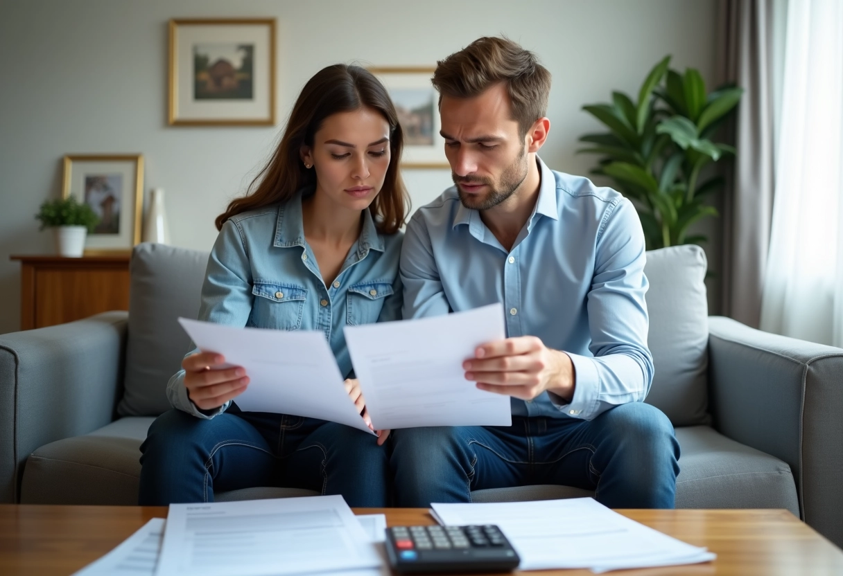 Jeune couple examinant des relevés hypothécaire à la maison