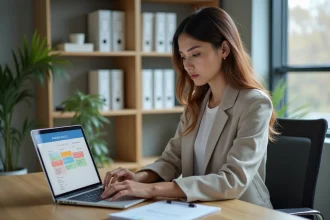 Jeune femme professionnelle utilisant un calendrier numérique au bureau