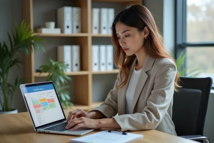 Jeune femme professionnelle utilisant un calendrier numérique au bureau