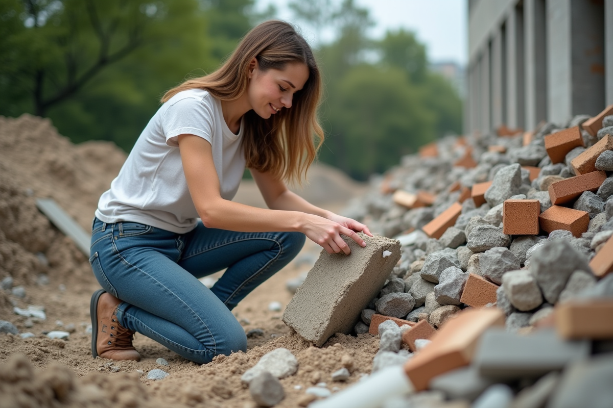 Jeune femme examine un mur en béton recyclé en extérieur