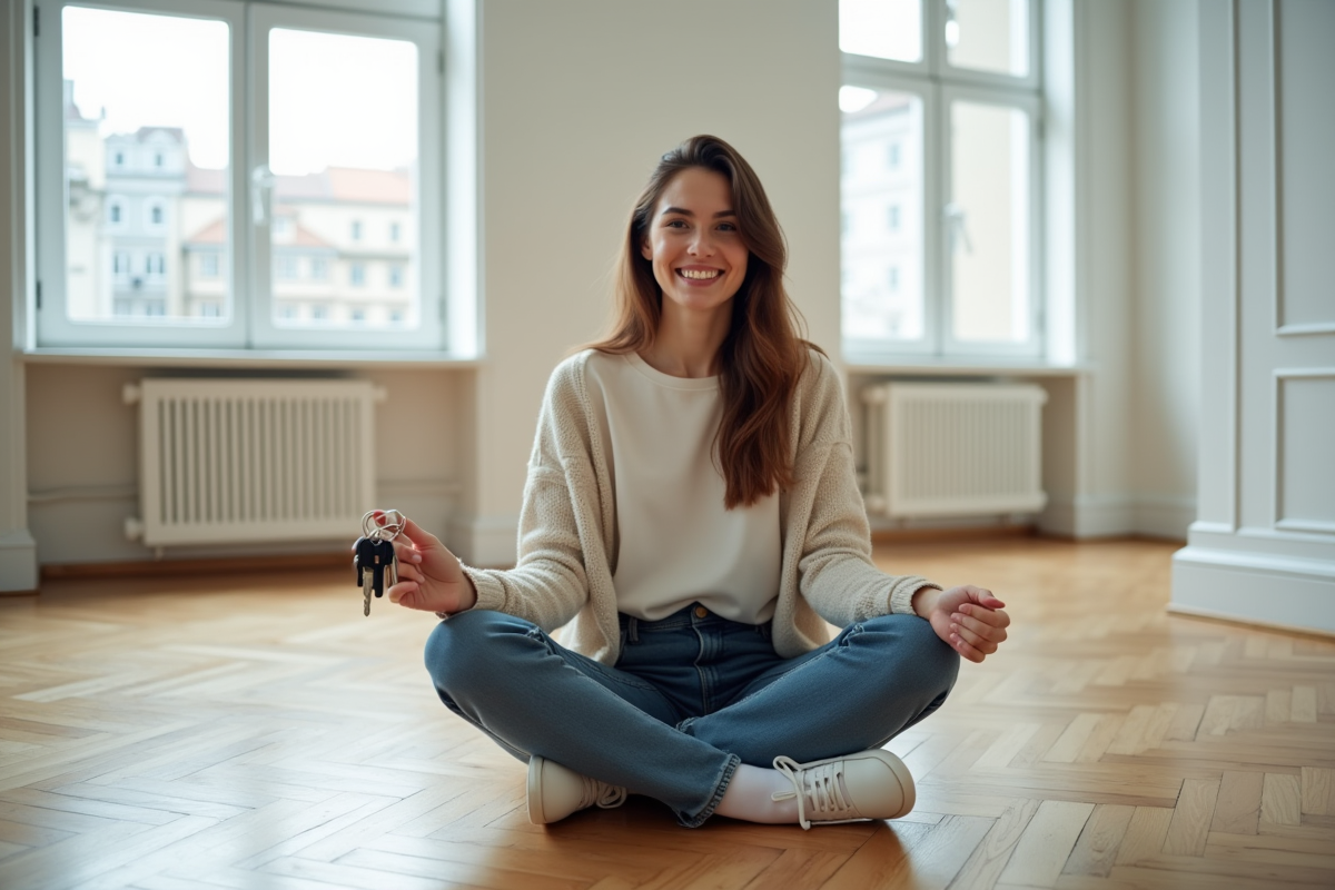 Jeune femme souriante tenant des clés d'appartement dans un intérieur lumineux