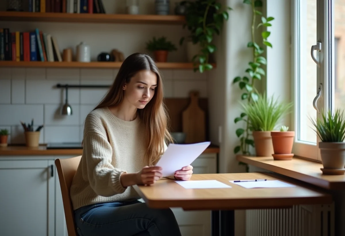 Jeune femme lisant un contrat de location dans son appartement