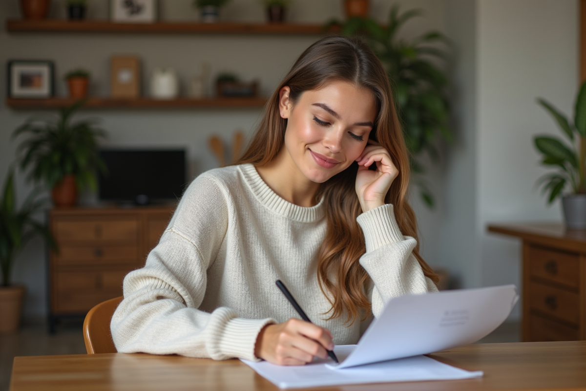 Jeune femme remplissant un contrat de location dans un appartement moderne