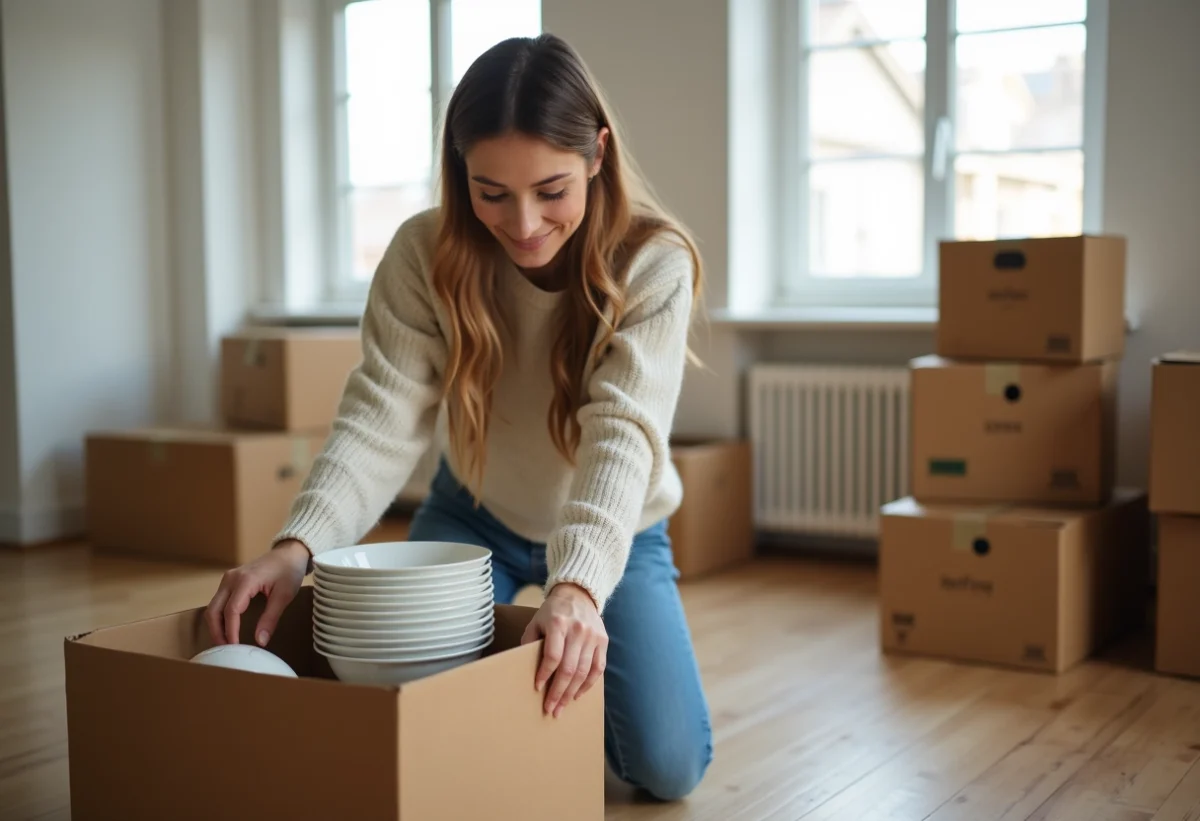 Jeune femme déballant la vaisselle dans un appartement lumineux