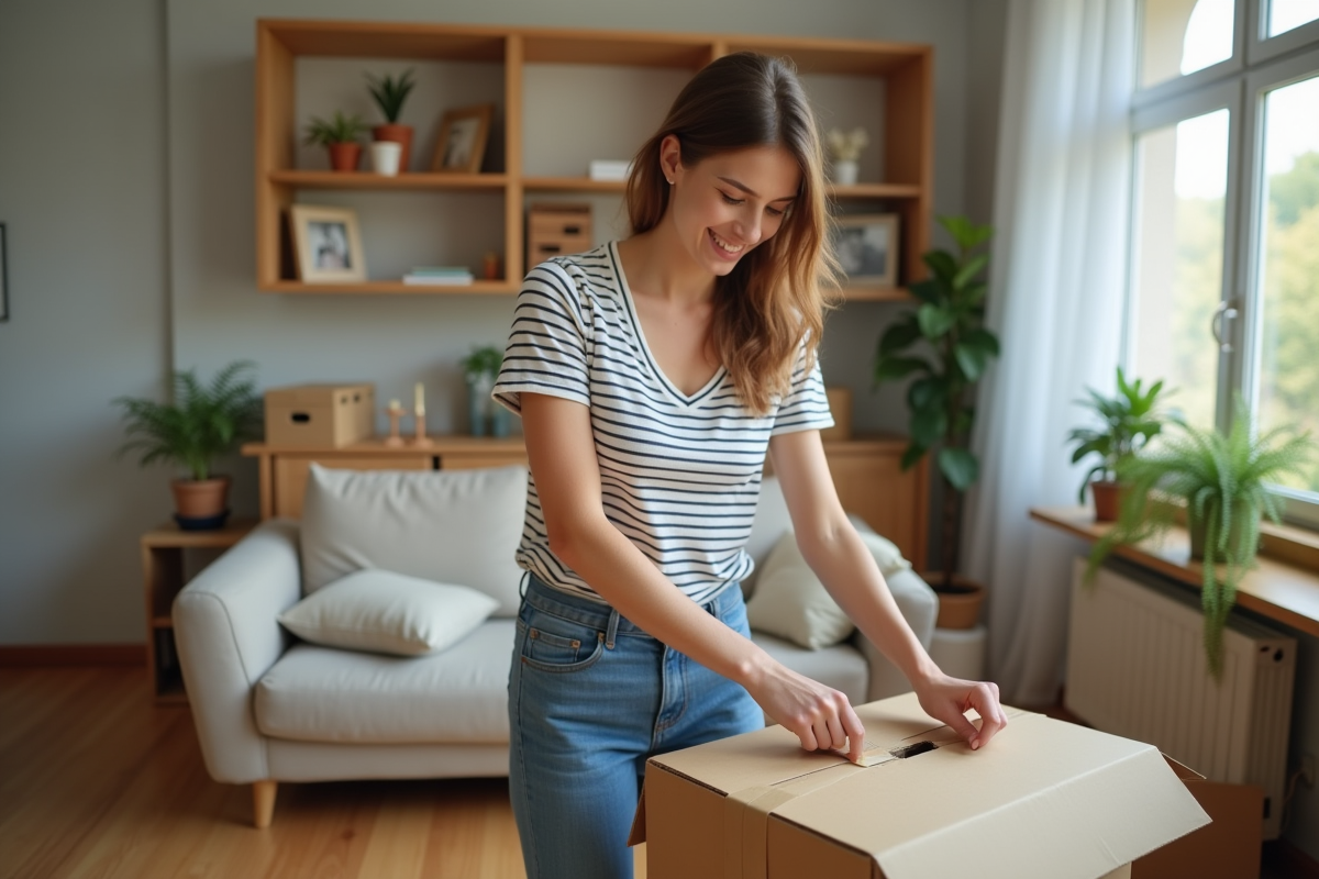 Jeune femme emballant une boxe dans un salon spacieux