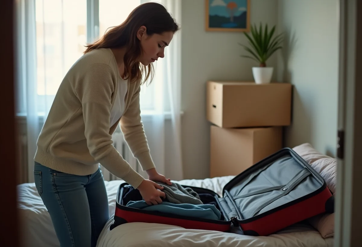 Jeune femme emballant ses vêtements dans une valise en préparant un départ