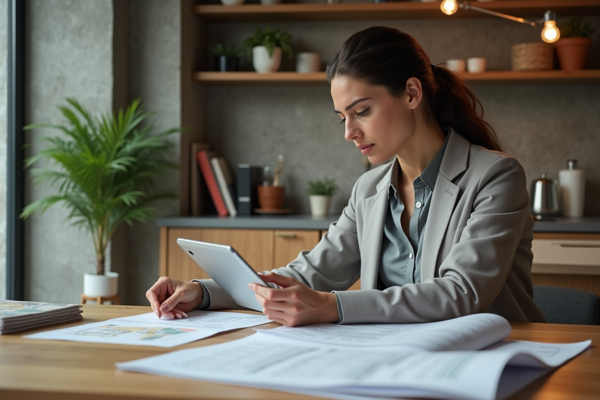 Jeune femme professionnelle examine plans d appartement