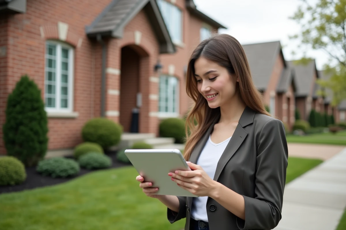 Jeune femme en extérieur consultat tablet pour immobilier