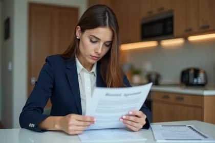 Jeune femme lisant un contrat de location dans une cuisine moderne