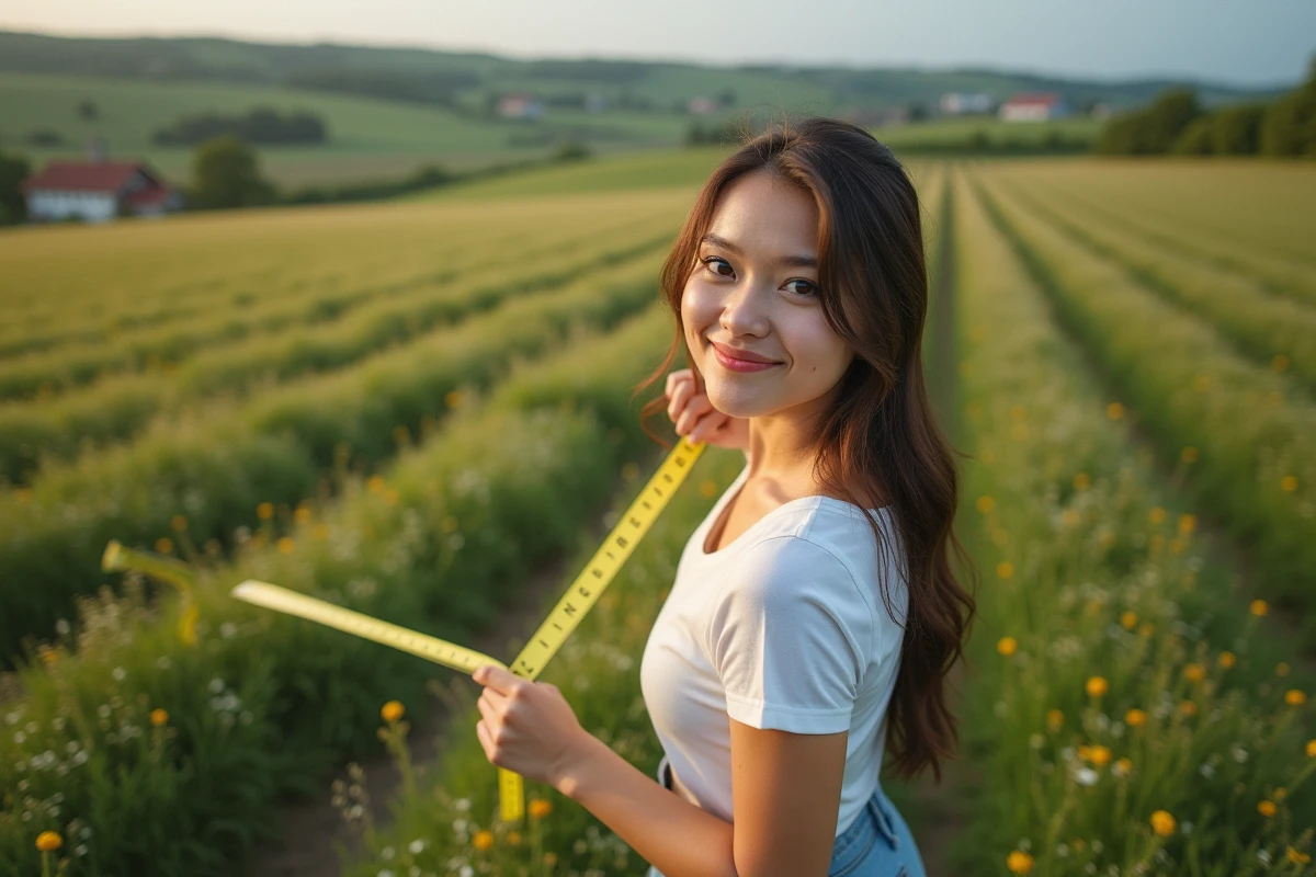 Jeune femme mesure un hectare dans un champ