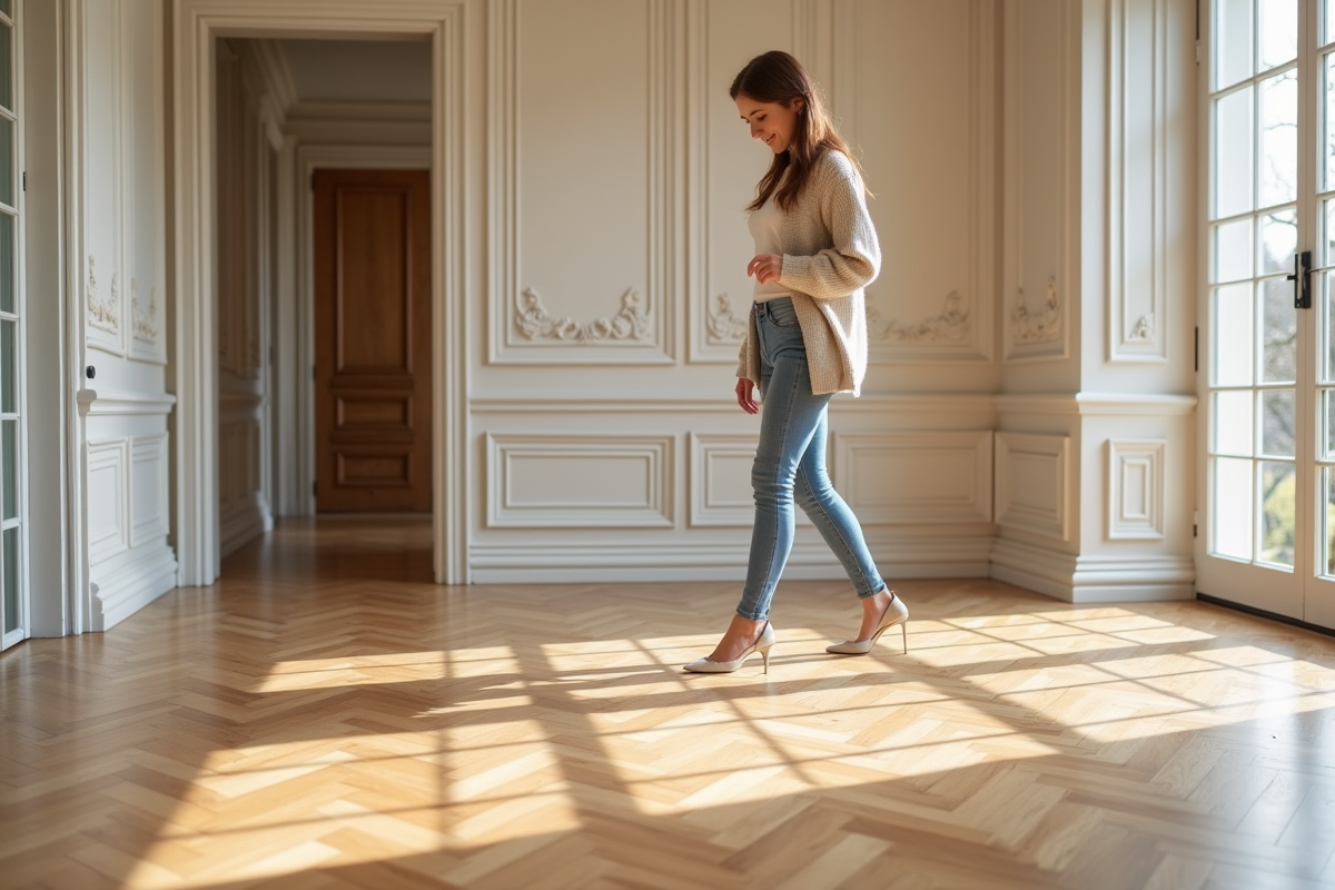 Jeune femme admirant un parquet chevron dans un appartement élégant