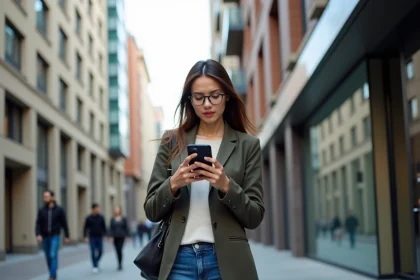 Jeune femme en ville cherchant un logement sur son t&eacute;l&eacute;phone