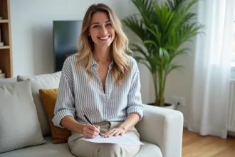 Jeune femme souriante signant un contrat de location dans un appartement à Montpellier