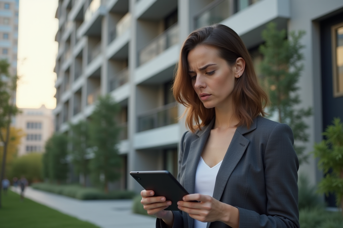 Jeune femme regardant une tablette devant immeuble moderne