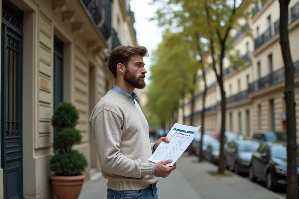 Jeune homme regarde une fa&ccedil;ade haussmannienne dans une rue parisienne
