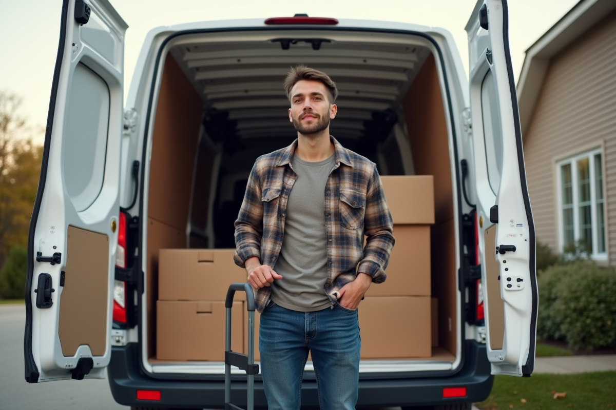 Jeune homme fermant la porte d'une camionnette blanche lors d'un déménagement