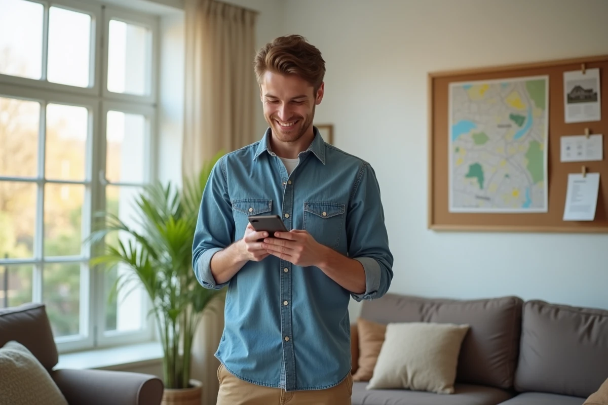 Jeune homme souriant utilisant son smartphone dans un espace immobilier