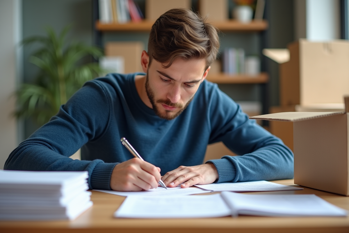 Jeune homme remplissant des papiers dans un appartement neuf