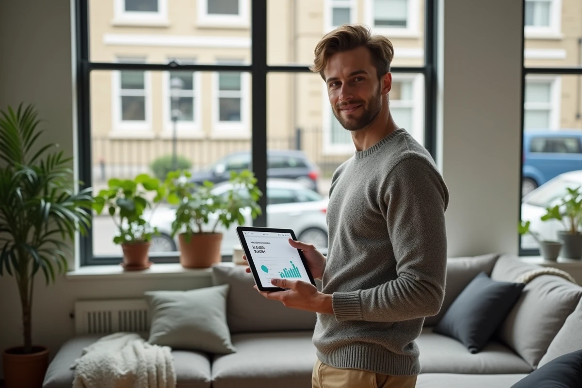 Jeune homme avec tablette dans un salon lumineux et contemporain