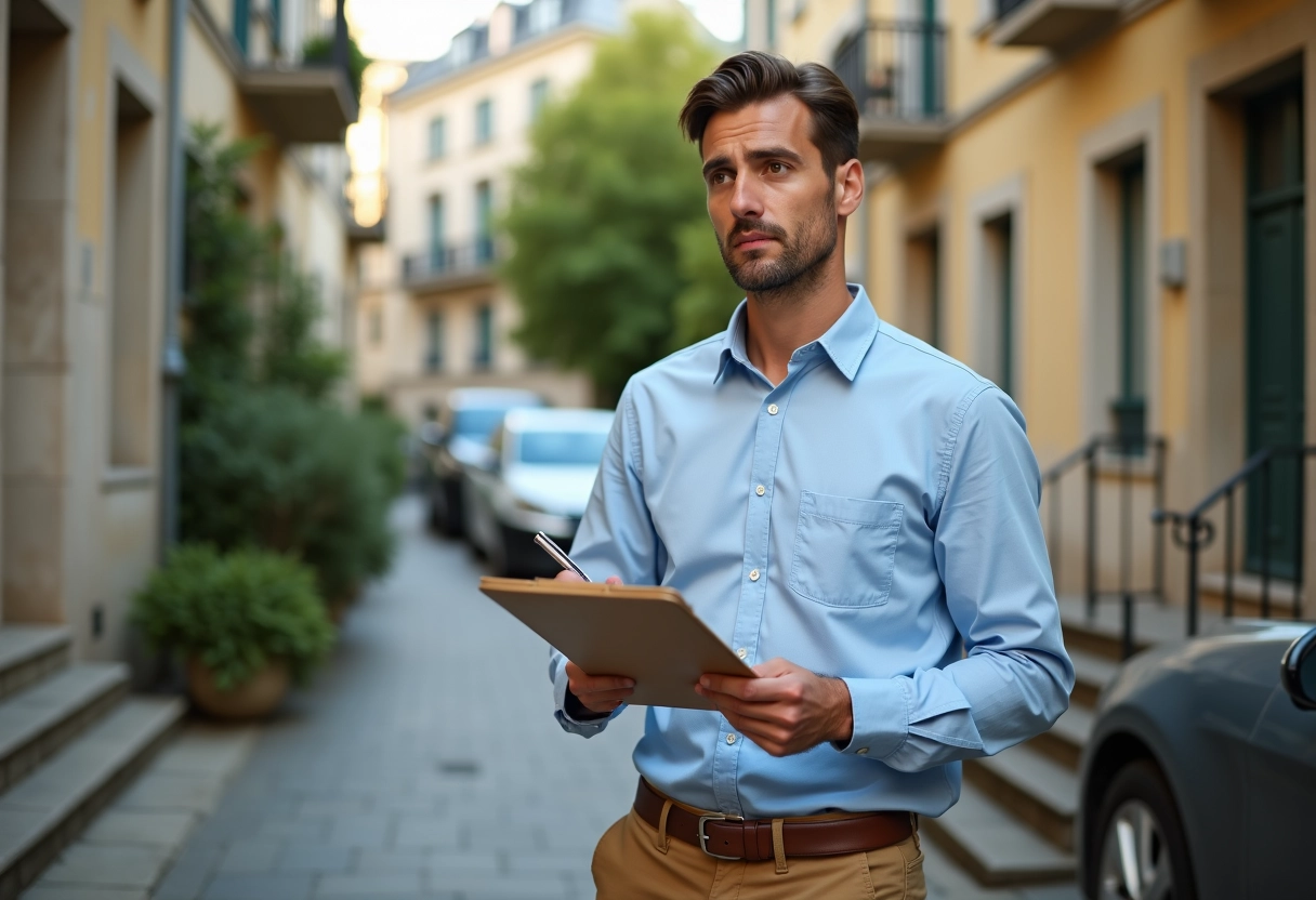 Jeune homme vérifiant des dates devant un immeuble résidentiel