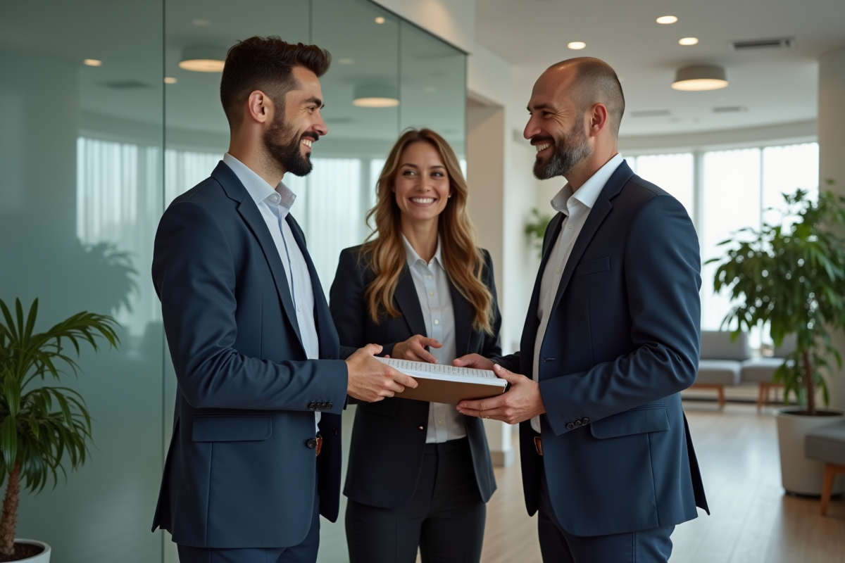Jeune notaire remettant un dossier à un couple souriant dans un espace moderne
