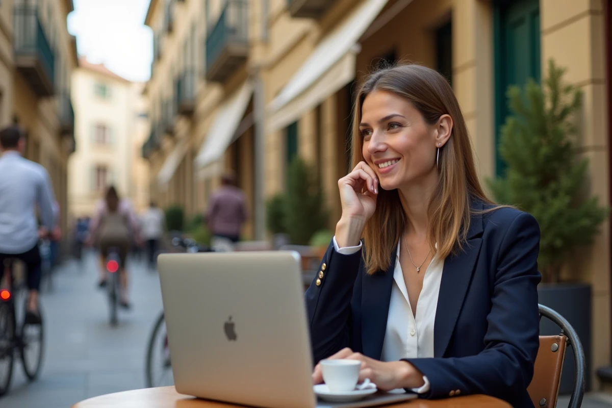 Jeune femme professionnelle travaillant dans un café de quartier à Avignon, dans une ruelle provençale animée