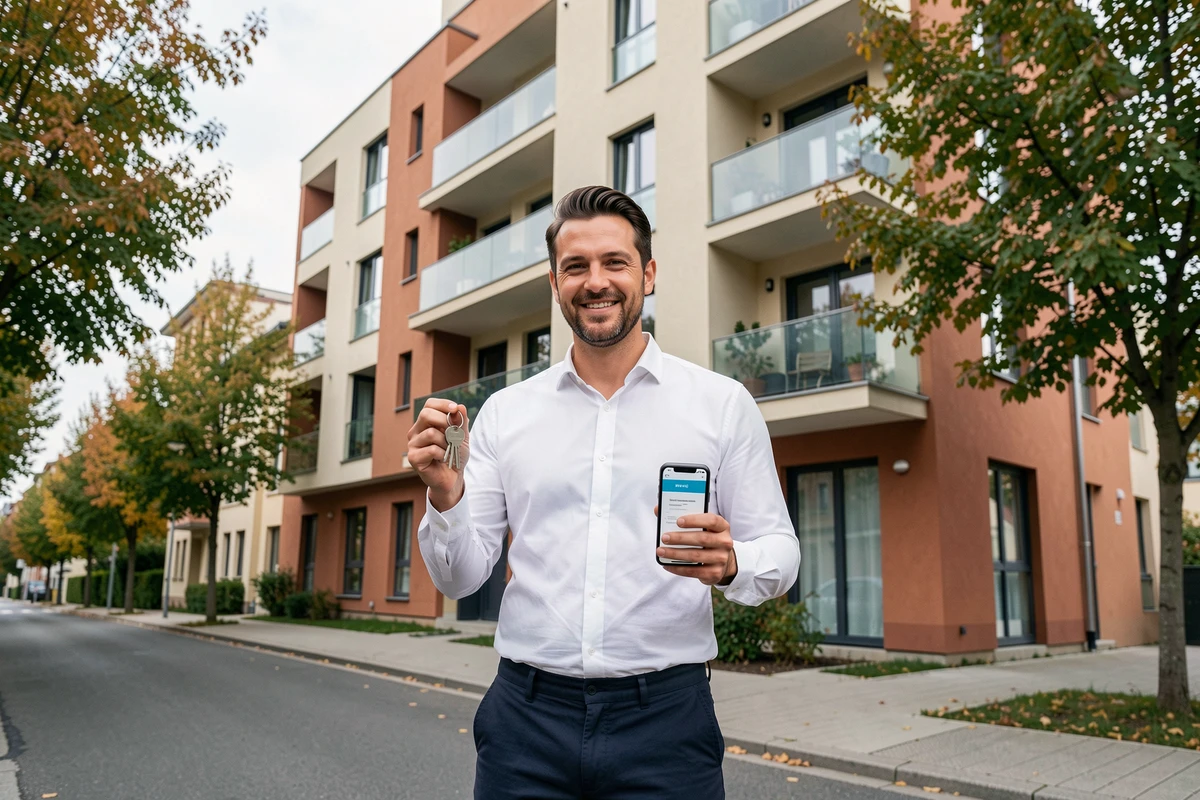 Jeune salarié tenant ses clés devant un immeuble résidentiel après avoir bénéficié d'ALin Action Logement