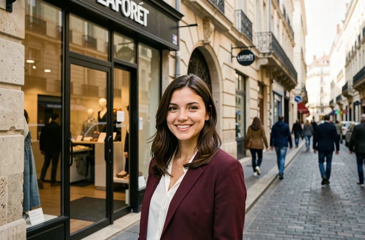 Agente de Laforêt Bordeaux Centre devant la vitrine de l'agence en plein cœur de Bordeaux