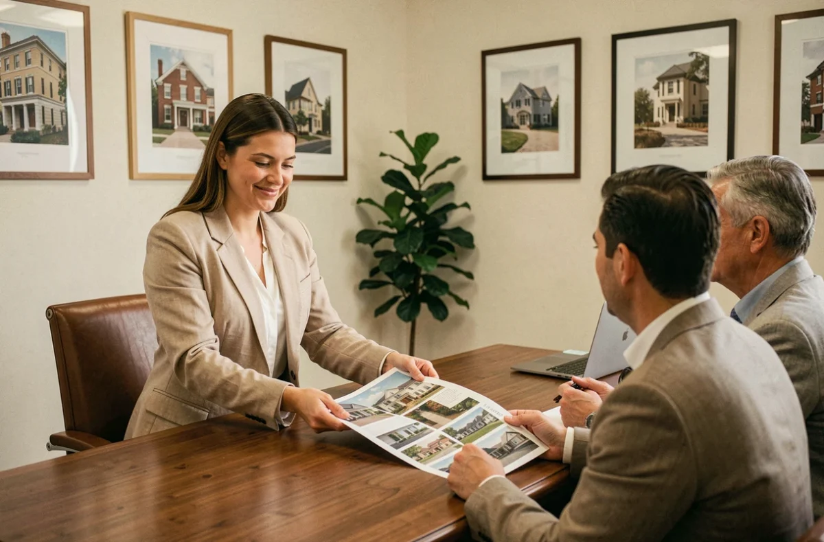 Conseillère de l'agence Lalanne Immobilier présentant des biens à des clients dans un bureau chaleureux