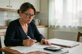 Femme locataire HLM examinant des documents de surloyer sur une table de cuisine