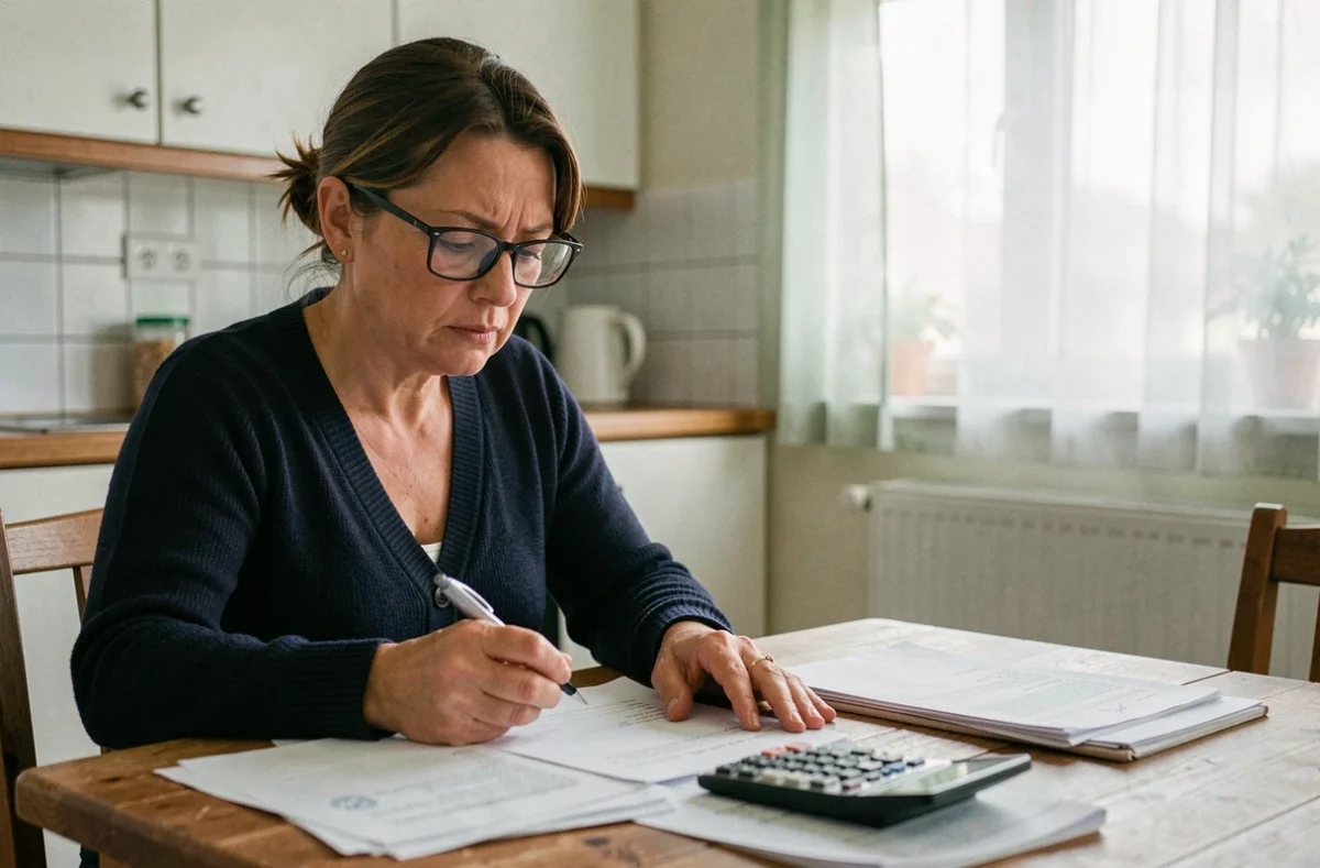 Femme locataire HLM examinant des documents de surloyer sur une table de cuisine