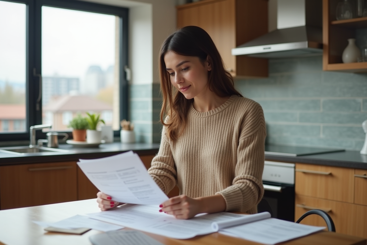 Jeune locataire consulte des documents dans sa cuisine