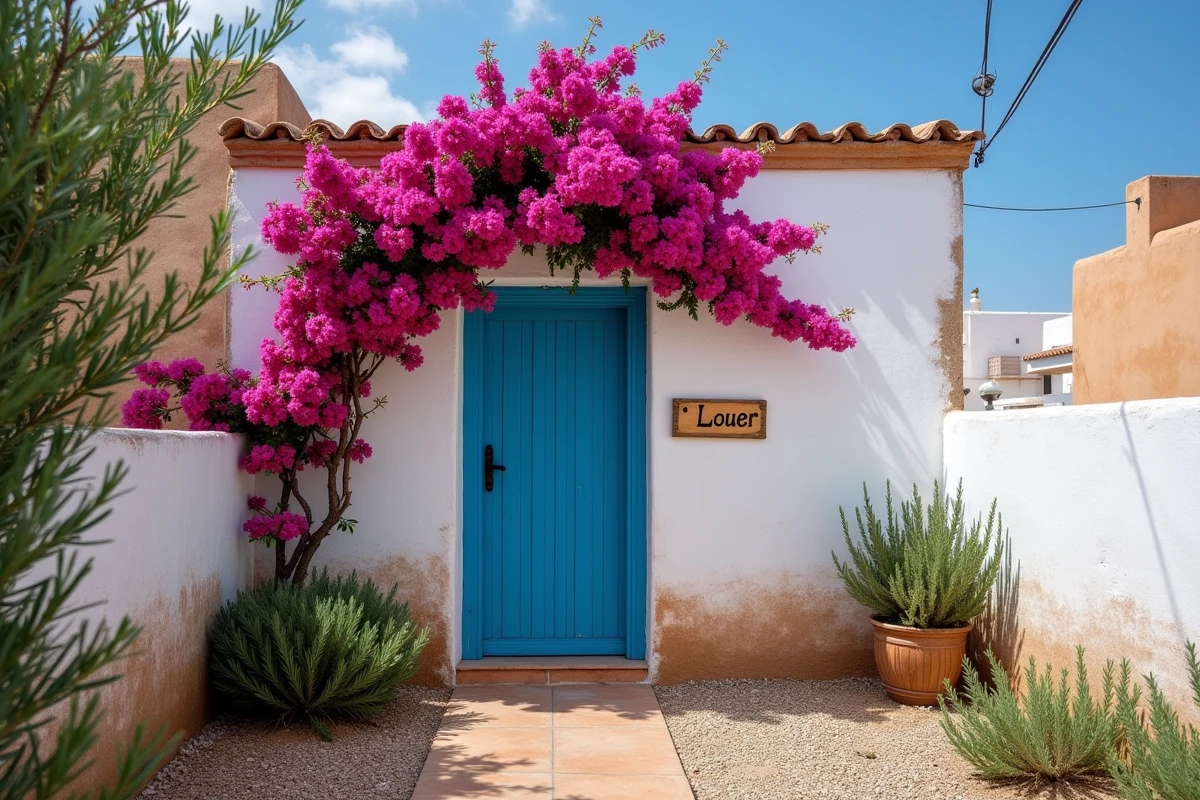 Façade d'une maison à louer avec petit jardin à Essaouira, porte bleue marocaine traditionnelle et panneau À Louer