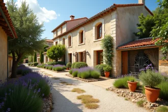 Maison à louer à Béziers avec jardin méditerranéen, façade en pierre calcaire et tuiles rondes, panneau de location visible près du portail en fer forgé