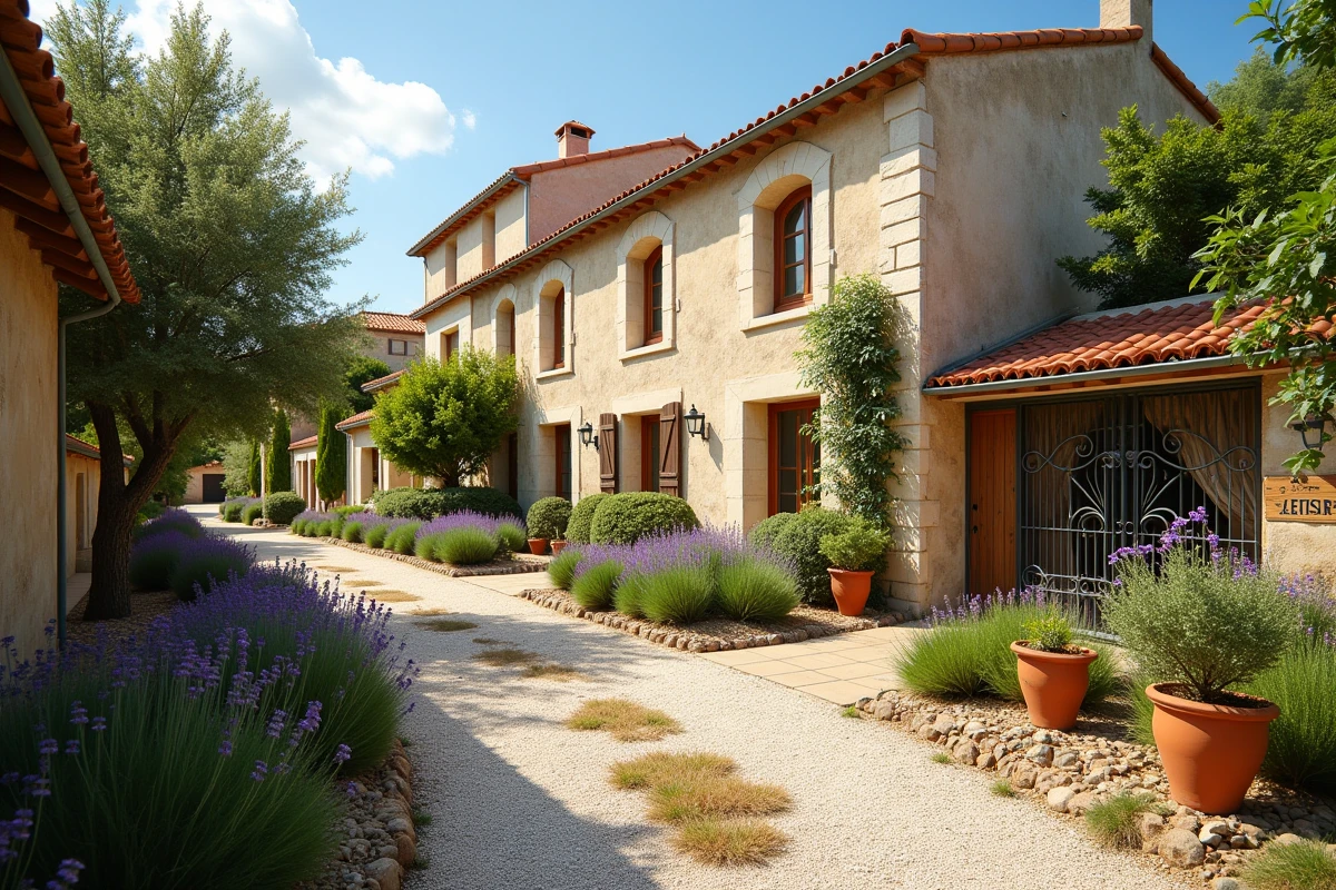 Maison à louer à Béziers avec jardin méditerranéen, façade en pierre calcaire et tuiles rondes, panneau de location visible près du portail en fer forgé