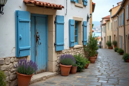 Façade d'une petite maison de pêcheur en pierre avec volets bleus dans un village côtier de caractère