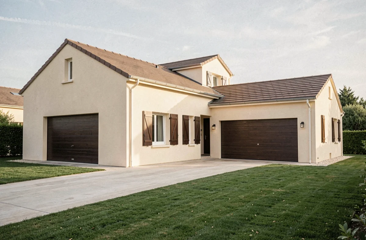 Maison familiale construite par Maisons France Confort dans le Vaucluse, avec toiture en tuiles plates, façade crème, volets bois foncé et garage double