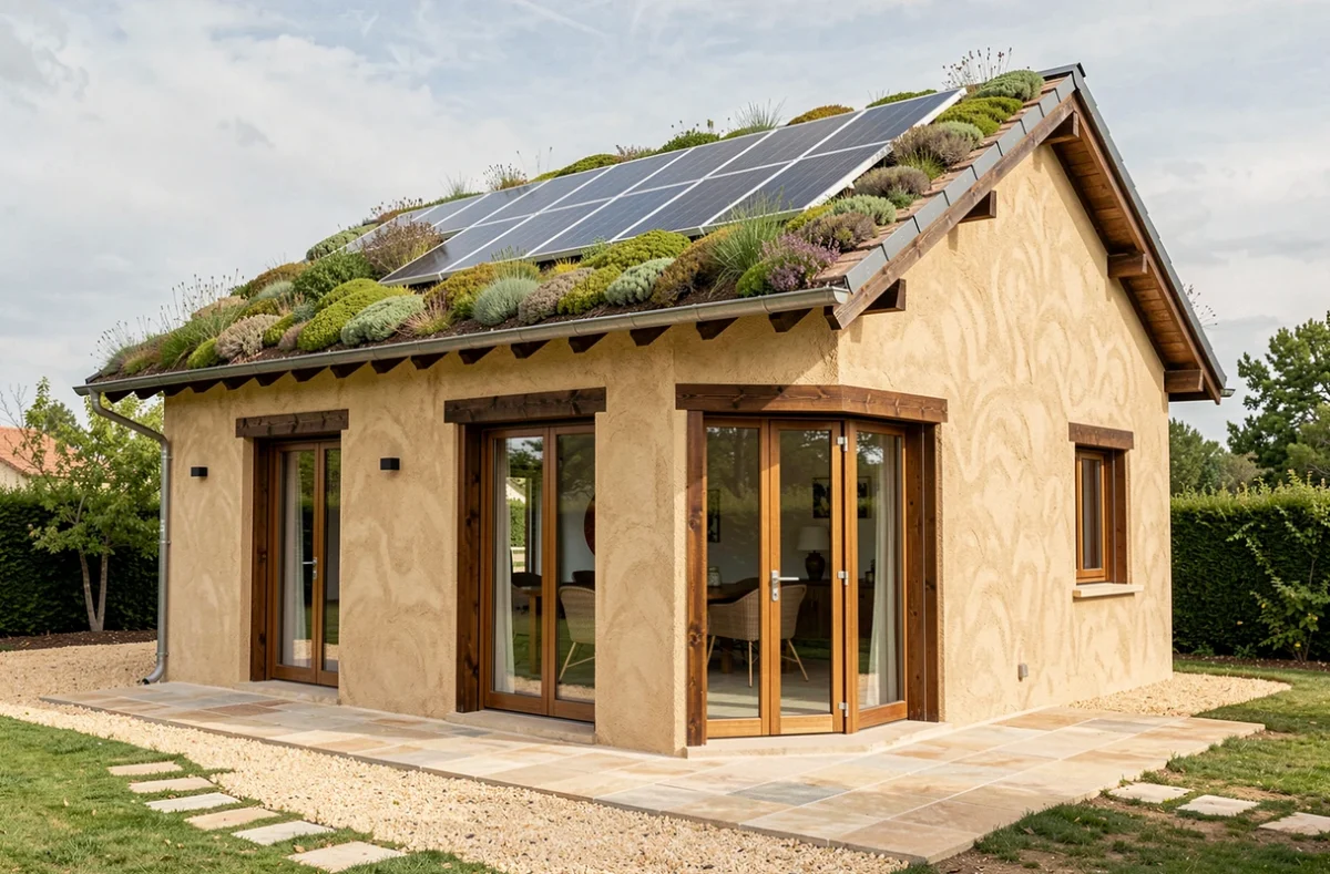 Maison individuelle écologique construite par Maisons Vertes de l'Aude et du Vaucluse, avec toiture végétalisée, murs en chanvre-chaux et panneaux solaires intégrés