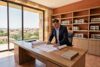 Vue d'ensemble d'une agence immobilière moderne en Occitanie spécialisée dans le neuf, avec un agent professionnel consultant des plans architecturaux