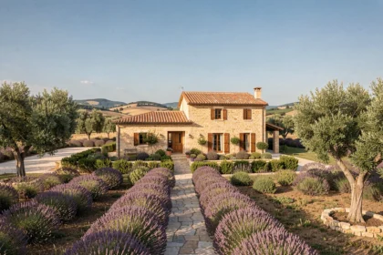 Vue panoramique d'une maison individuelle construite dans le Vaucluse, entourée de champs de lavande et d'oliviers typiques de la Provence