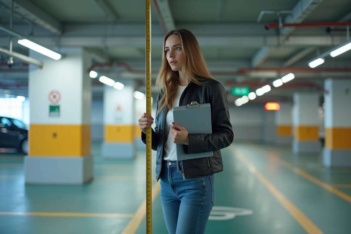 Jeune femme mesurant un espace de stationnement int&eacute;rieur