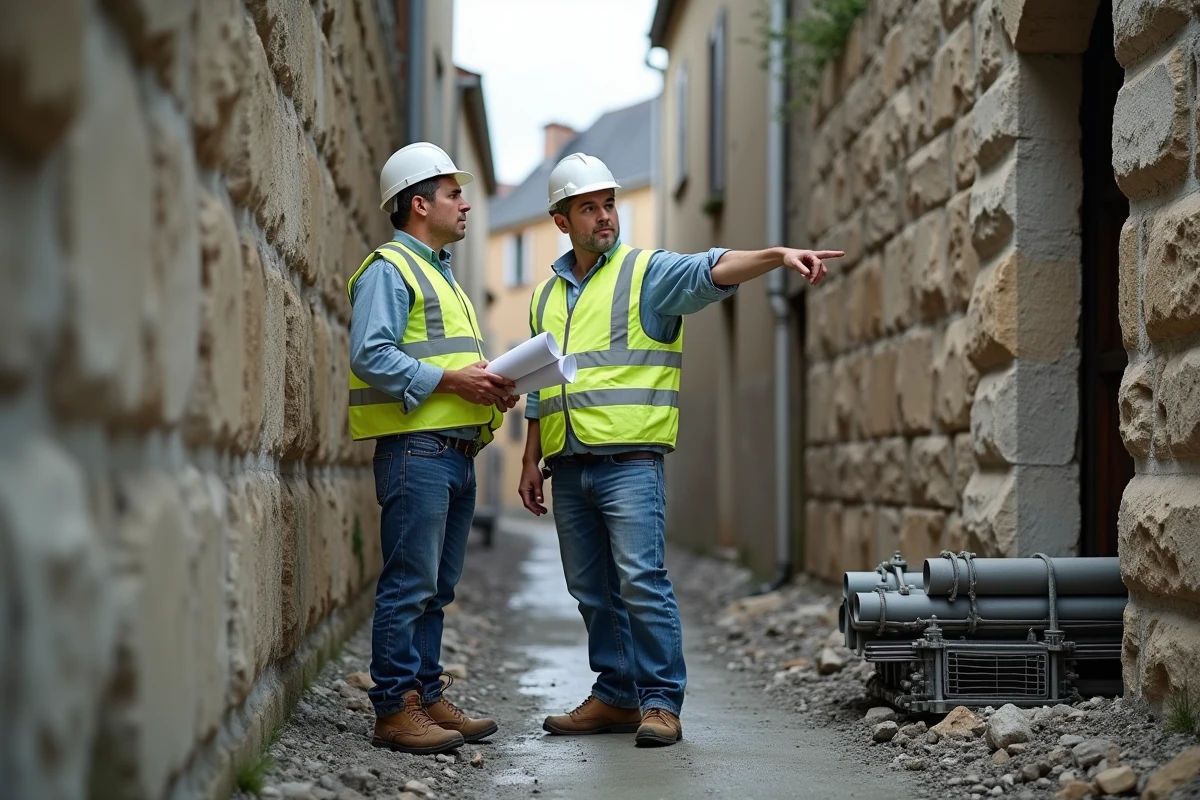 Deux ingénieurs en structure supervisant la pose de micropieux pour une reprise en sous-œuvre de maison en pierre